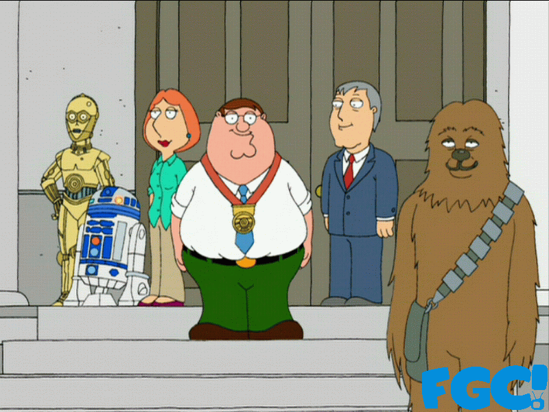 Family Guy Peter Griffin with Lois Griffin and C-3PO, R2-D2 and Chewbacca